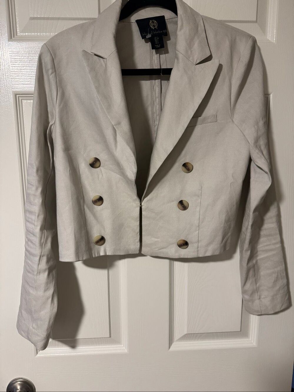 House of Harlow 1960 Beige Linen-Blend Cropped Double-Breasted Blazer Small